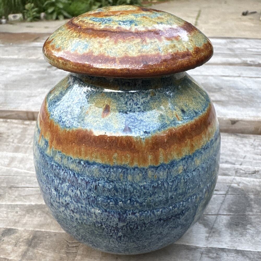 Ceramic Stoneware Urn With Lid Artisan Blue Brown Glaze Signed C. Byer